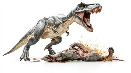 Fototapeta premium Realistic model dinosaur attacking another dinosaur with open mouth and blood on white background, showcasing predator-prey dynamics.