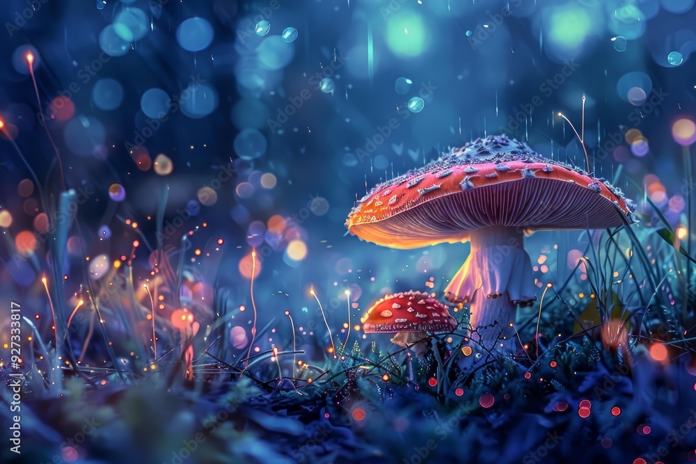 Poster magical scene of glowing mushrooms with sparkling bokeh in a mystical forest at dusk