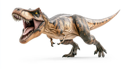 Naklejka premium Realistic model of a roaring T-Rex dinosaur on a white background, perfect for educational and entertainment purposes.
