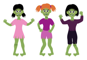 Collection of zombie girls. Halloween Set. Cartoon Flat Vector illustration.
