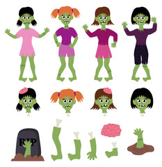 Big collection of zombie girls. Halloween Set. Cartoon Flat Vector illustration.