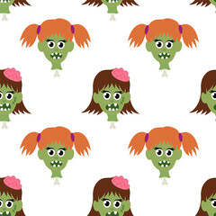 Seamless pattern with Zombie girls head on bone. Halloween Cartoon Flat Vector illustration.