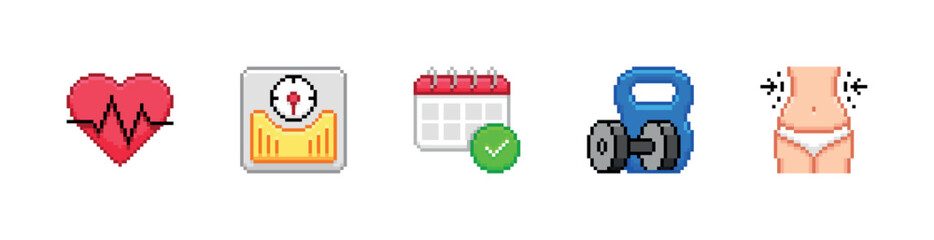 Obraz premium Fitness and sport. Healthy lifestyle, diet, workout. Vector pixel style icons set.