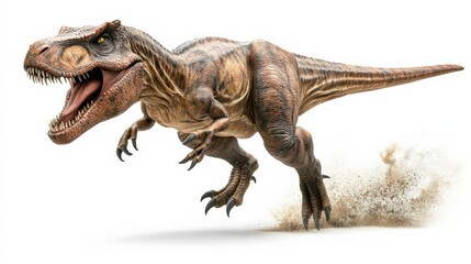 Obraz premium Realistic T-Rex dinosaur charging forward, showcasing detailed texture and dynamic motion on a white background.