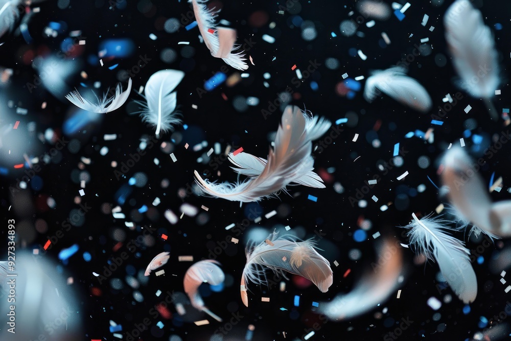 Poster delicate white feathers and colorful confetti float in a serene, dark space, creating a dreamlike at