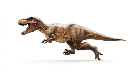 Obraz premium Realistic Tyrannosaurus Rex dinosaur in motion, isolated on a white background. Prehistoric animal illustration for educational or design use.