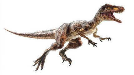 Fototapeta premium Realistic visualization of a ferocious raptor dinosaur against a white background, showcasing detailed features and dynamic pose.