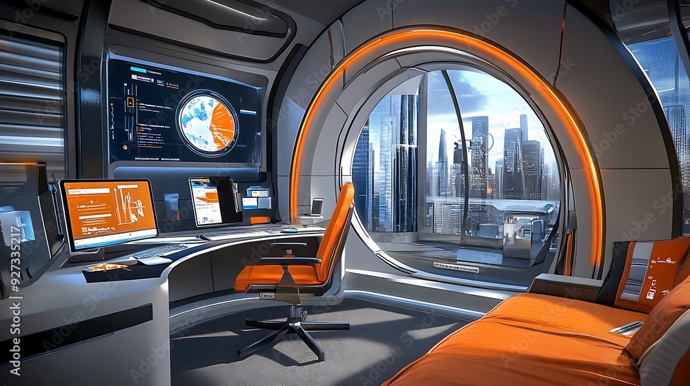 Poster high-tech smart home office with ai-enhanced productivity tools and augmented reality collaboration