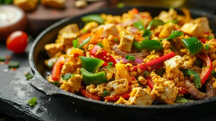 Vibrant tofu scramble with peppers and onions  colorful and realistic dish presentation