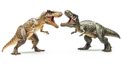 Two detailed dinosaur models facing off in a prehistoric battle, showcasing lifelike features and vibrant colors against a white backdrop.