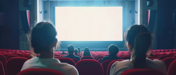 An audience sits in a theater with red seats, watching a brightly illuminated movie screen, engulfed in light and anticipation.