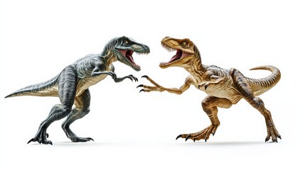 Fototapeta premium Two dinosaur models posed in a dynamic stance against a white background, highlighting their sharp features and prehistoric essence.