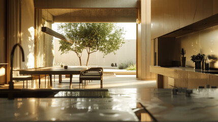 Contemporary open plan kitchen and dining area. Bright kitchen interior with beige walls and large panoramic windows with penetrating sunset light. Design concept.