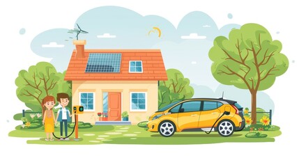 Obraz premium Cartoon vector family using electric vehicles and renewable energy at home
