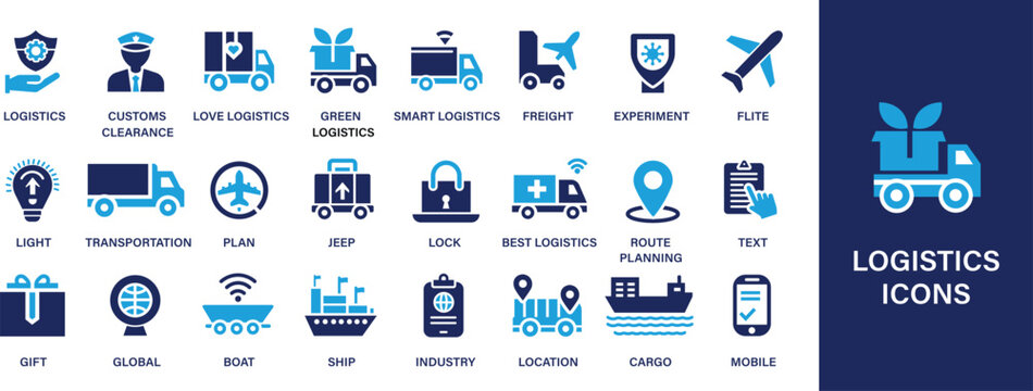Logistics best soild icon set. Containing distribution, shipping, transportation, delivery, cargo, freight, route planning, supply chain, export, icon symbol, freight transportation, occupation.