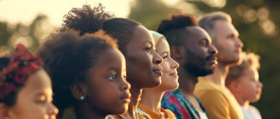 A diverse group of people standing side by side, gazing ahead with hopeful expressions during a sunny day, symbolizing unity and optimism.