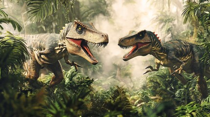 Obraz premium Two fierce dinosaurs confront each other in a dense prehistoric jungle, shrouded in mist, showcasing their formidable presence.