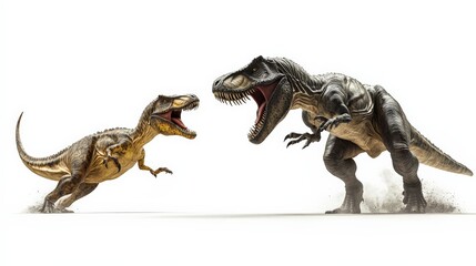 Two realistic dinosaur models, a T-rex and another dinosaur, in an epic confrontation against a white background.
