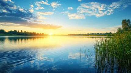 Fototapeta premium Sunset over Still Lake with a Lush Shoreline