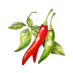 Vibrant Watercolor Thai Chili Peppers with Green Leaves on White Background