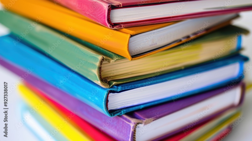 Poster colorful books stacked in a rainbow pattern, symbolizing the delight of reading and the quest for kn