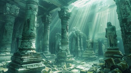 Obraz premium Sunlit ancient underwater temple moss covered god statues in ruins amidst eerie silence