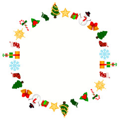 A festive circular frame adorned with Christmas-themed elements, candy canes, Christmas trees, snowflakes, gift boxes, holly leaves with berries, stockings, and snowmen, to adding text on white circle