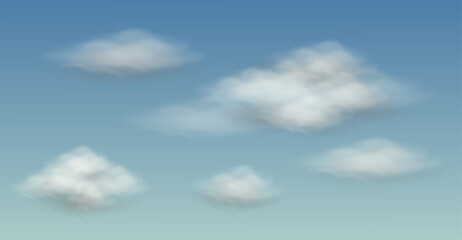 Realistic 3d Smoky semi Transparent vector cloud in blue sky. Summer rain clouds isolated set. Realistic Vector Clear Sky . Spring, Summer Sunny day with sunlight in Winter,Horizon Nature Landscape
