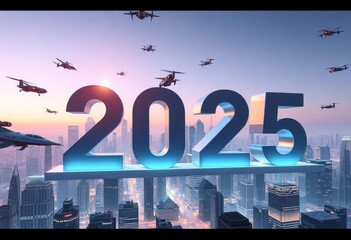 3D rendering of the text '2025' in a futuristic cityscape, illuminated by neon lights, surrounded by tall skyscrapers and flying vehicles, with a clear night sky in the background., ai