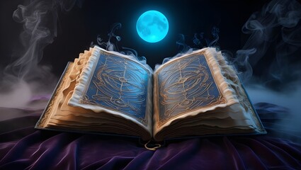3D Magic Book, Vintage Fantasy, Dark Background, Smoke and Fog, Neon Moonlight
