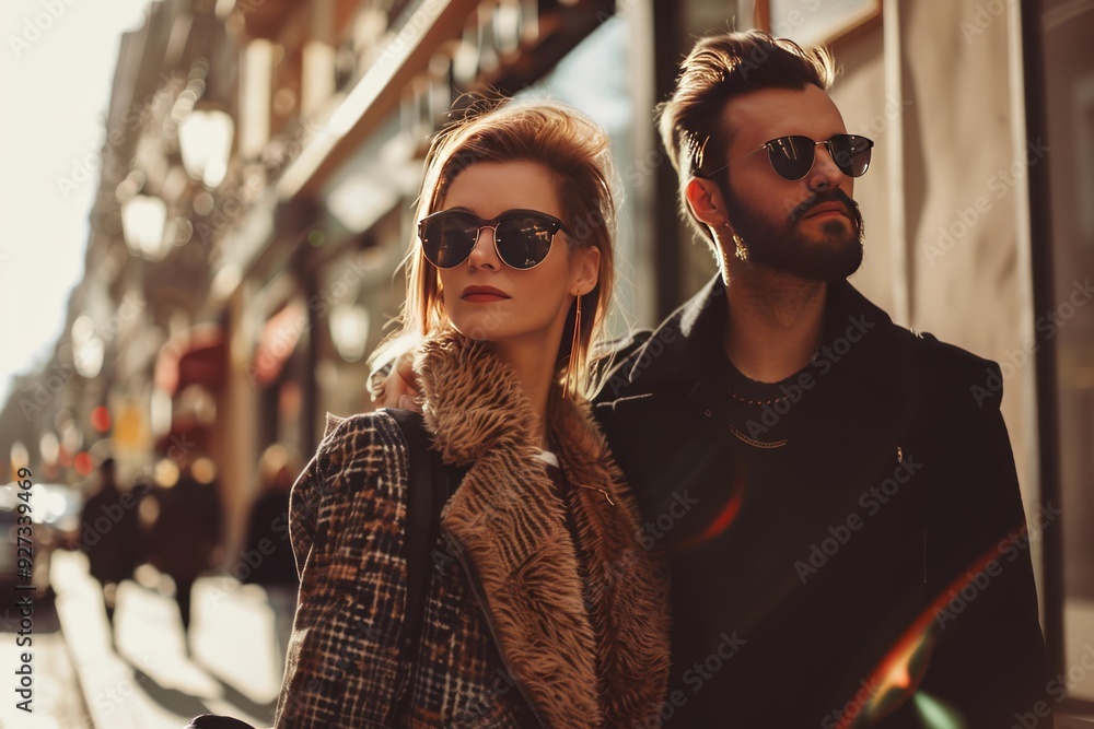 Poster fashionable man and woman in sunglasses strolling through urban streets bathed in golden hour light