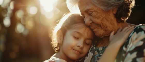 A young girl and an elderly woman share a heartfelt embrace outdoors, bathed in the golden glow of the setting sun, capturing a moment of tender connection.