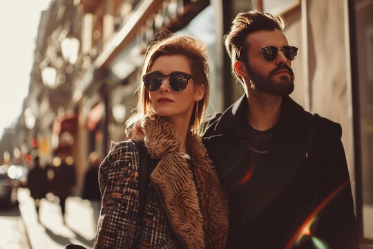 Fashionable man and woman in sunglasses strolling through urban streets bathed in golden hour light