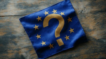 European Union Flag with Question Mark Symbolizing Uncertainty and Future Challenges Against a Wooden Background