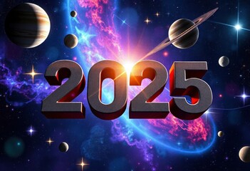 3D rendering of the text '2025' in an abstract space scene, surrounded by stars and planets, with swirling colors and cosmic elements., ai