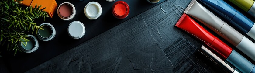 Colorful Paints and Markers on Black Background