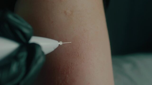 Cosmetologist's hands in black gloves using Laser Plasma Pen on patient's skin.