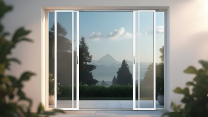 A white sliding glass door, leading out to a patio with gentle reflections of surrounding trees and distant mountains 