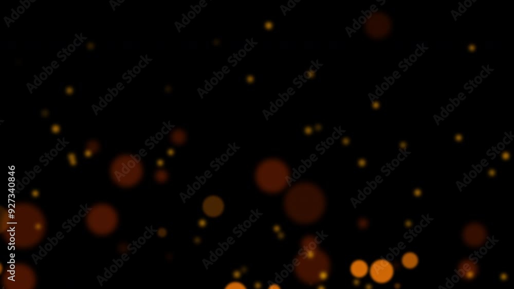 Poster beautiful loop animation glow orange bokeh particles flow up on black abstract background. 4k seamle
