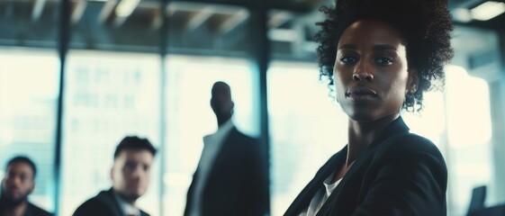 Professional setting with a poised woman in the foreground, framed against a backdrop of coworkers in a modern office with natural light streaming in.