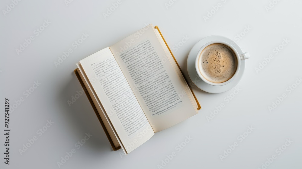 Poster enjoy a cozy break or productive morning with a steaming cup of coffee and an open book on a white t