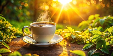 Warm Spring Morning Fresh Brew Coffee Cup Dewy Leaves Soft Focus Natural Light