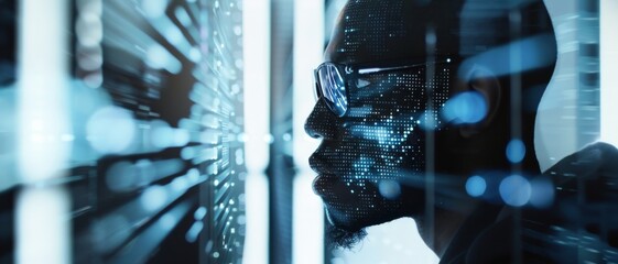 A detailed silhouette of a man's face with data and light patterns, reflecting a blend of human presence and futuristic digital environment.