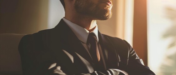 Fototapeta premium A man in a black suit, seated and looking focused with sunlight streaming through blinds, captures a moment of introspection and determination in a professional setting.