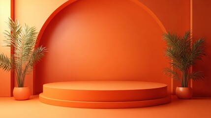 Vibrant 3D Orange Podium for Product Display on Minimalistic Background