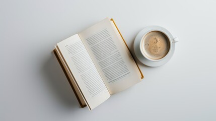 Enjoy a cozy break or productive morning with a steaming cup of coffee and an open book on a white table from above. Find warmth and comfort while reading and relaxing - Powered by Adobe