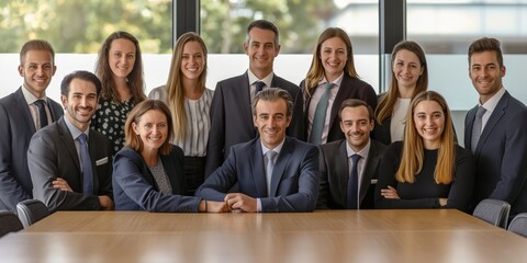 A group of people in suits are posing for a photo. Scene is professional and serious
