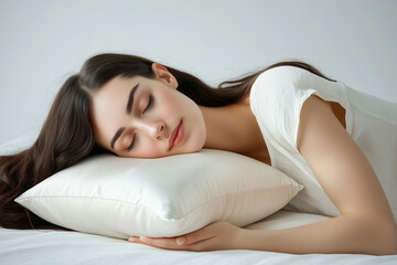 Obraz premium A woman peacefully resting on a soft pillow in a serene, light-filled room during the morning