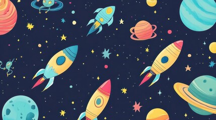 A vibrant space-themed illustration featuring rockets, planets, and stars.