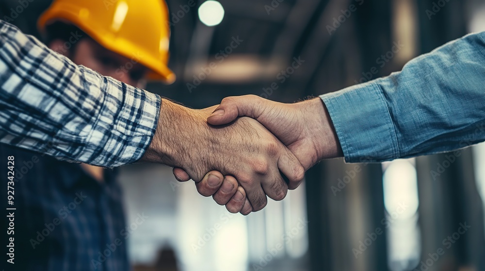 Poster close-up image of engineer and architect shaking hands during a meeting. copy space for text.